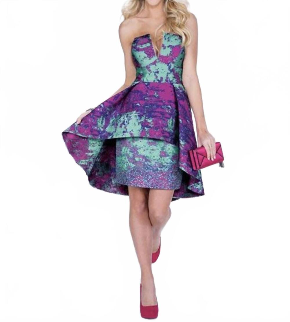 NEW MON CHERI strapless high-low dress in fuchsia/turquoise